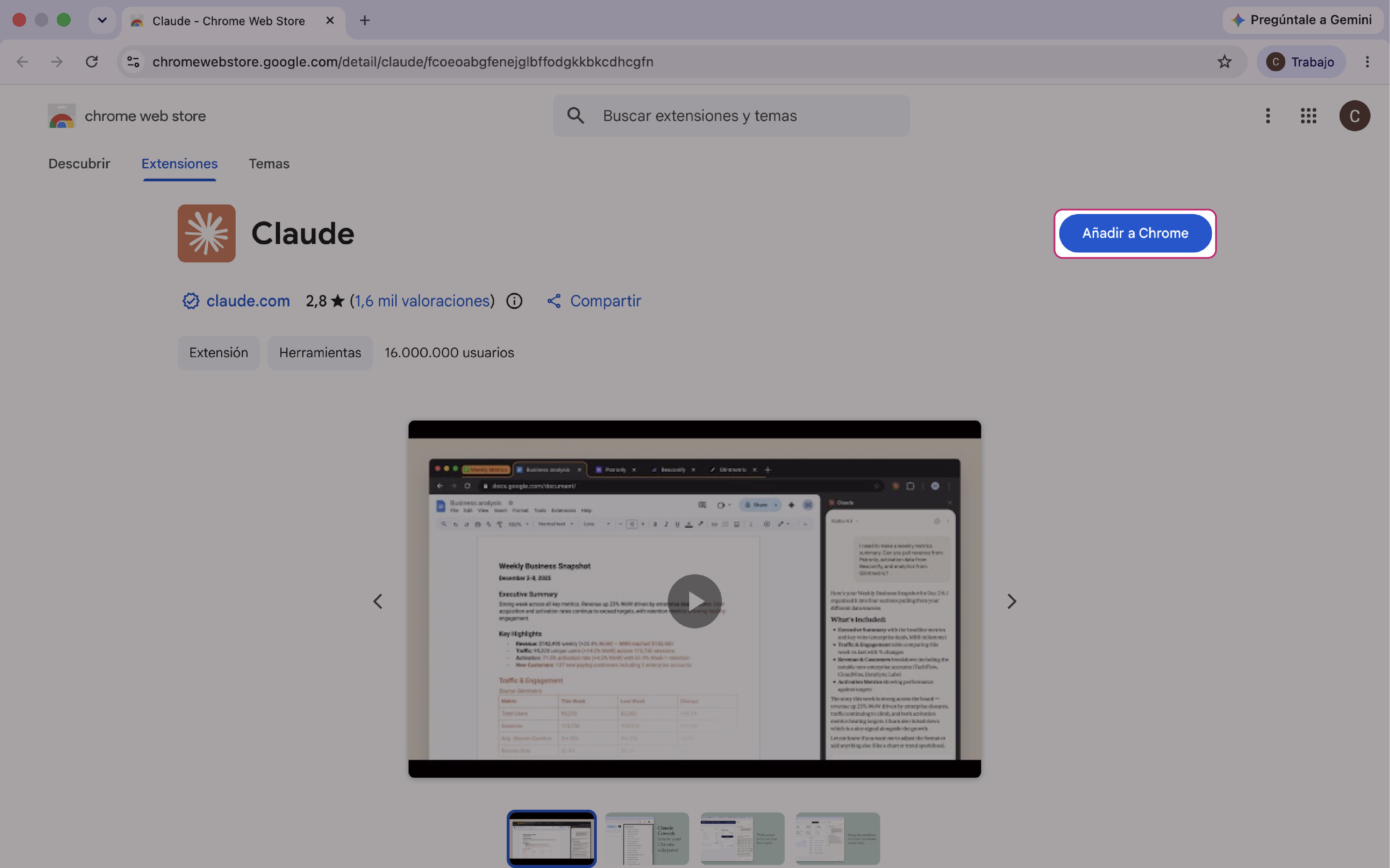 La extensión de Claude en la Chrome Web Store, con el botón Añadir a Chrome